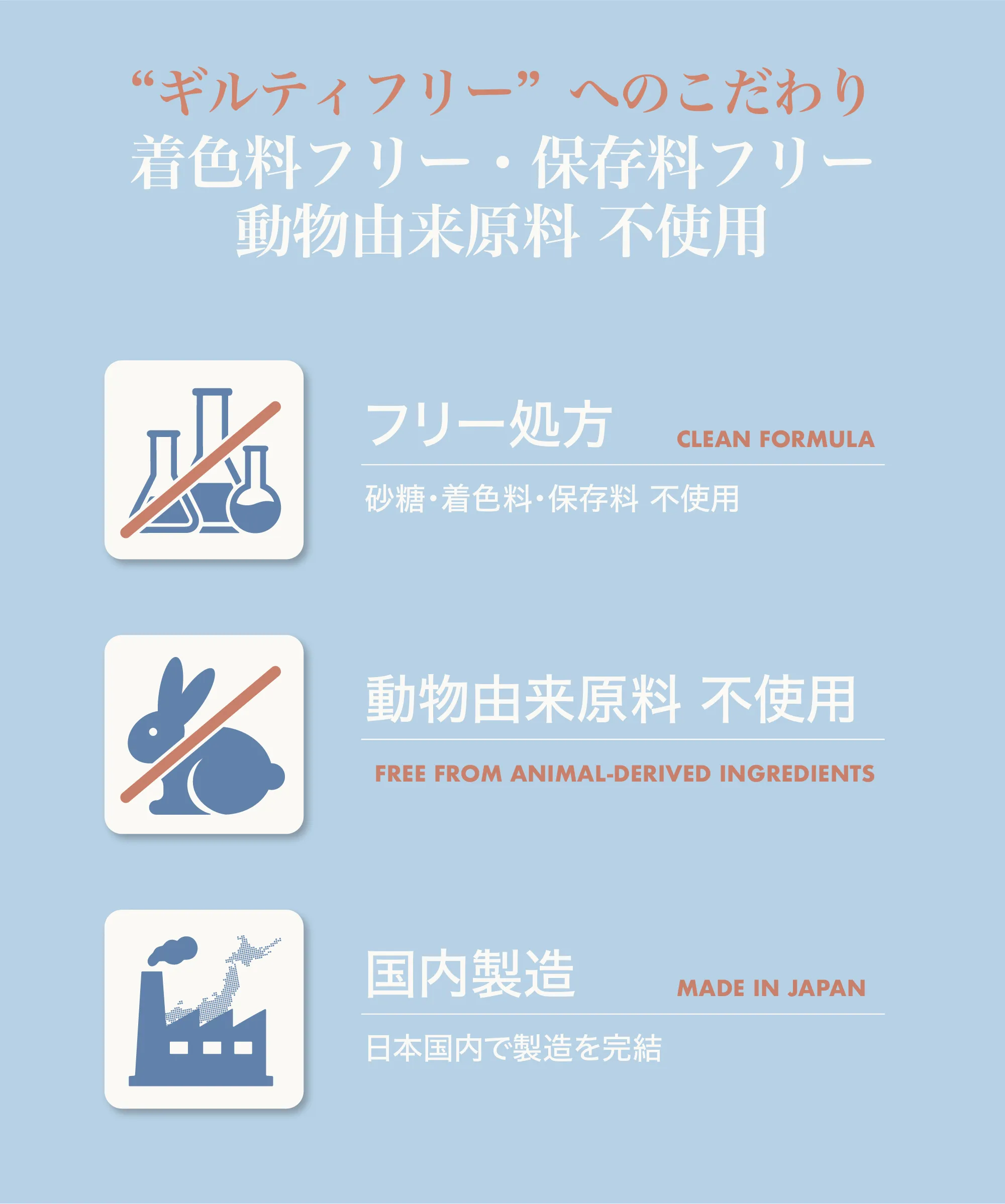 ”ギルティフリー”へのこだわり 着色料フリー・保存料フリー・動物由来原料不使用