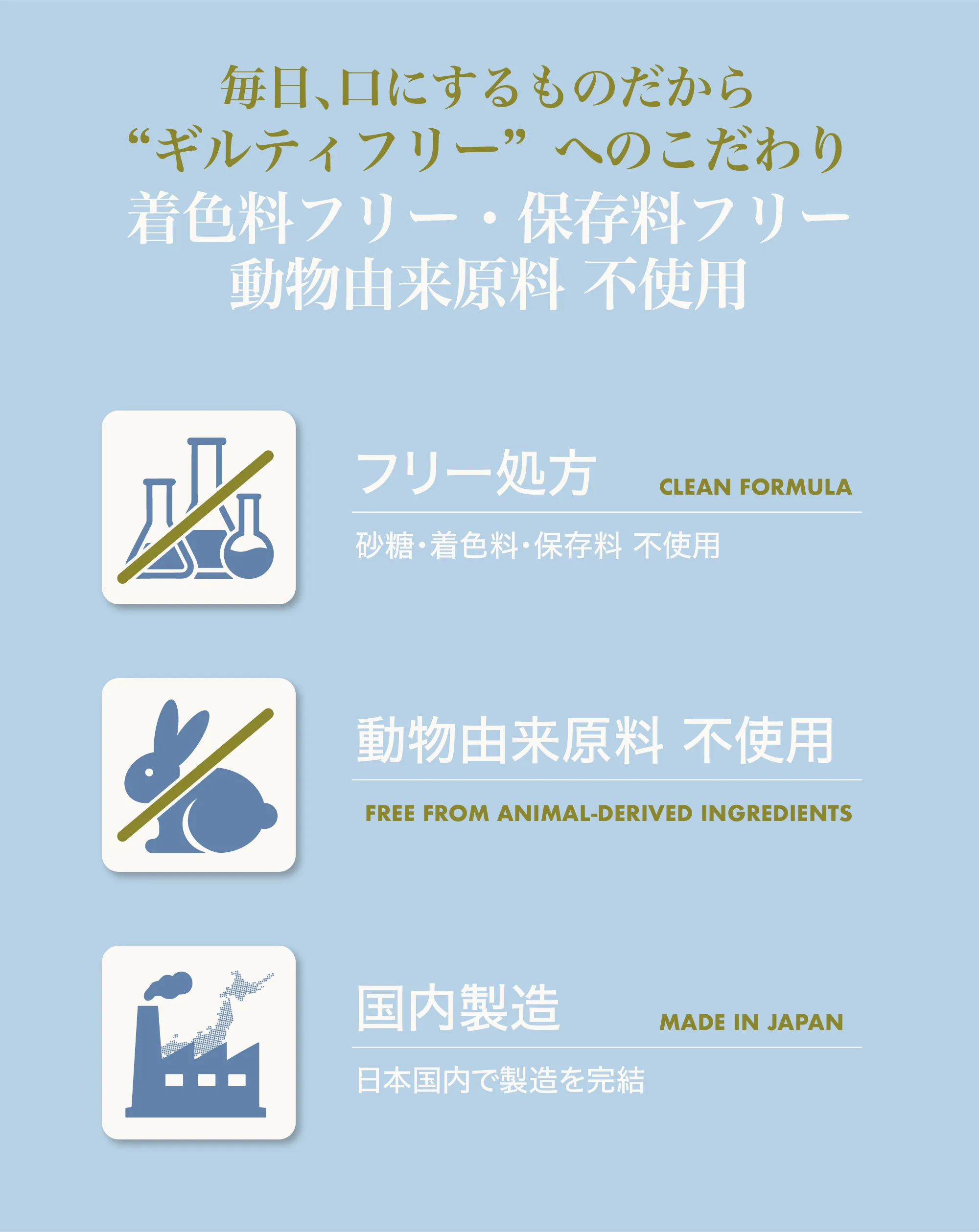 毎日、口にするものだから”ギルティフリー”へのこだわり 着色料フリー・保存料フリー・動物由来原料不使用