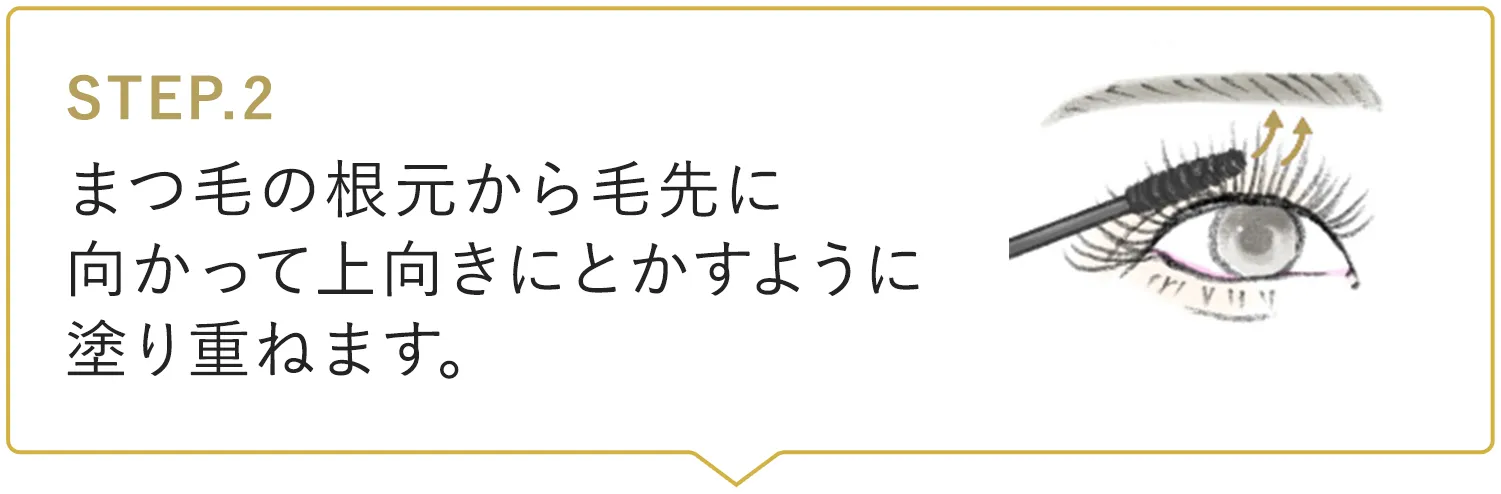 STEP.2 まつ毛の根元から毛先に向かって上向きにとかすように塗り重ねます。イラスト：根元から上へ引き上げるイメージ