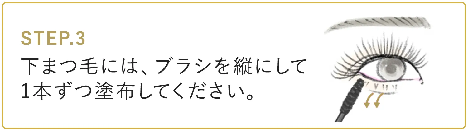 STEP.3 下まつ毛には、ブラシを縦にして1本ずつ塗布してください。イラスト：ブラシを縦に持ち、下まつ毛に当てるイメージ