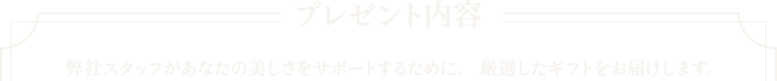 プレゼント内容 弊社スタッフがあなたの美しさをサポートするために、厳選したギフトをお届けします。